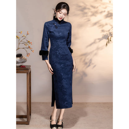 Women's Qipao Tingtai 亭台 Asian Thicken Dress Chinese Modern Hanfu Clothing Velvet Cheongsam Winter