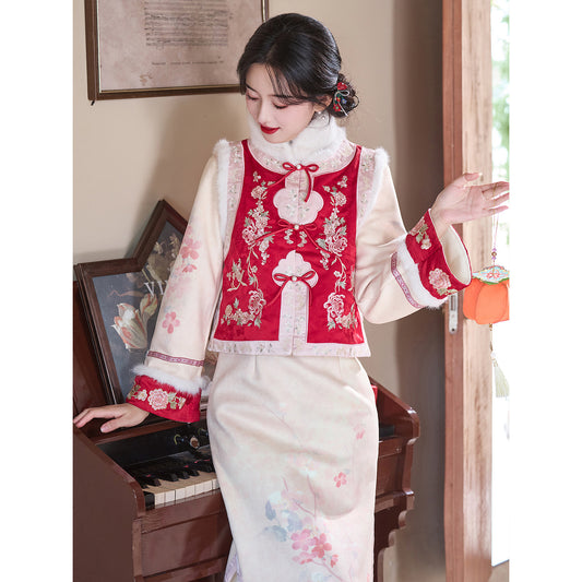 Women's Qipao Huaiqianshu 花千树 Asian Dress Chinese Thicken Modern Hanfu Clothing Velvet Cheongsam Winter Autumn