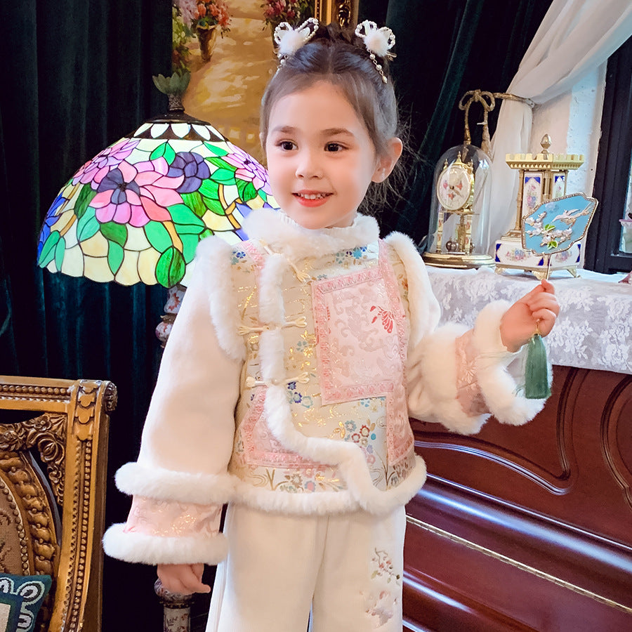 Ming Dynasty Girl's Mamian Skirt Fenfeng 粉蜂 Children's Chinese Velvet Traditional Clothing Hanfu Suit