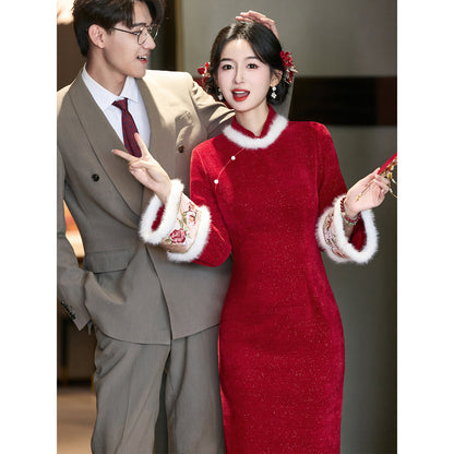 Wedding Qipao Chinese Clothes Qianhua 浅画 Women's Velvet Modern Gown Tea Ceremony Dress Hanfu Cheongsam