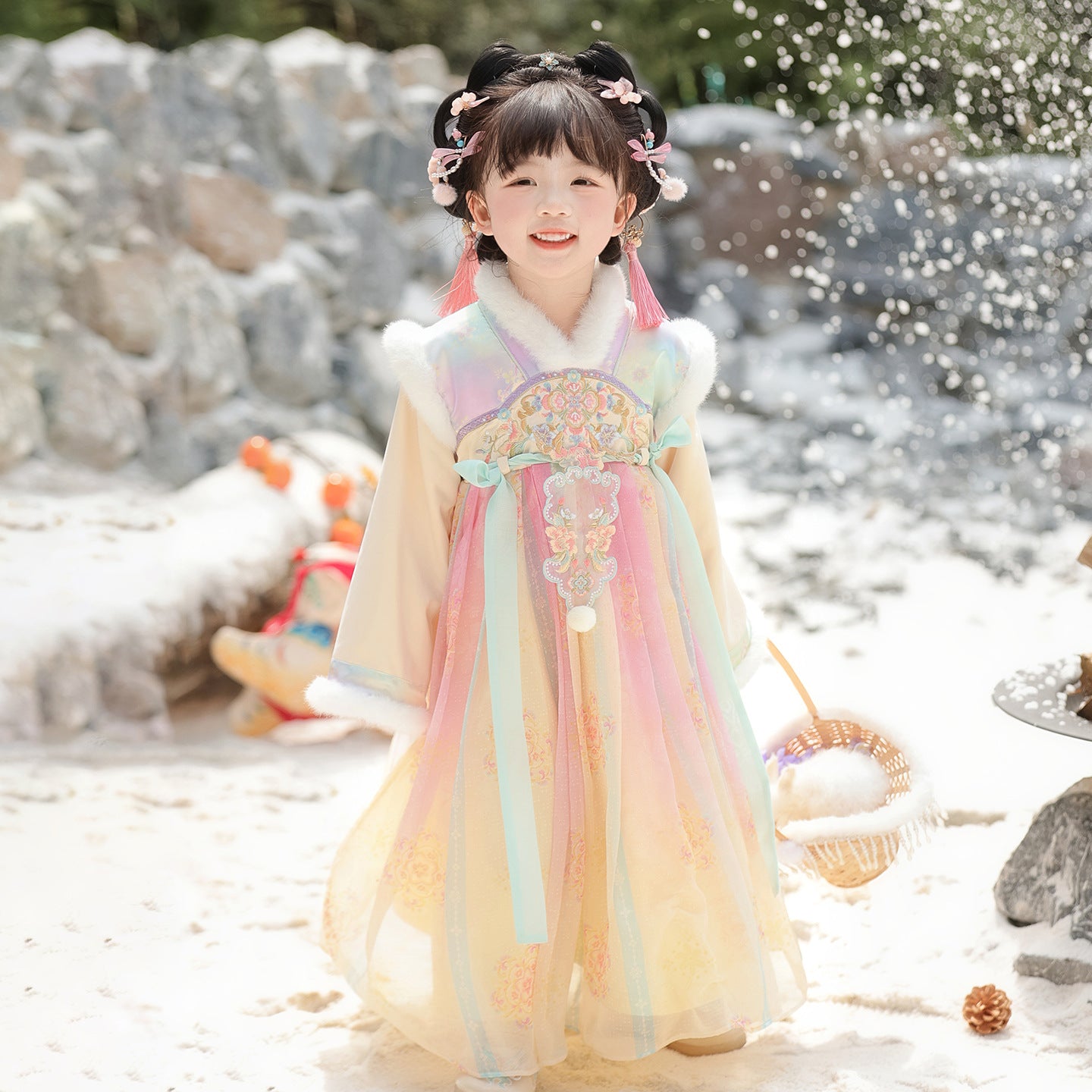 Tang Dynasty Girl Velvet Ruqun Huatianhaitang 花田海棠 Children's Chinese Traditional Clothing Hanfu Suit