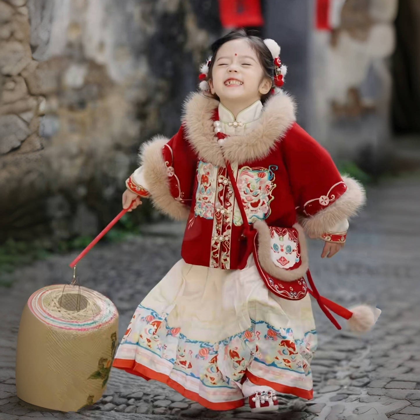 Ming Dynasty Girl's Mamian Skirt Jisui 吉岁 Children's Traditional Clothing Chinese Lunar New Year Velvet Hanfu Suit