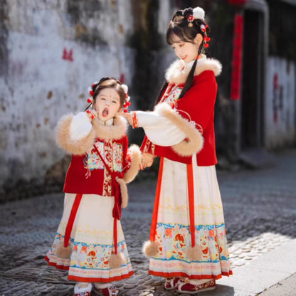 Ming Dynasty Girl's Mamian Skirt Jisui 吉岁 Children's Traditional Clothing Chinese Lunar New Year Velvet Hanfu Suit