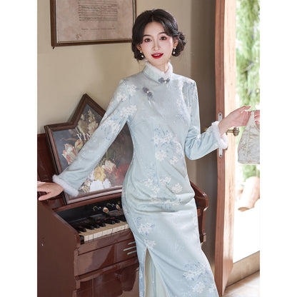 Women's Qipao Xinghua 星华 Asian Thicken Dress Chinese Modern Hanfu Clothing Velvet Cheongsam Winter