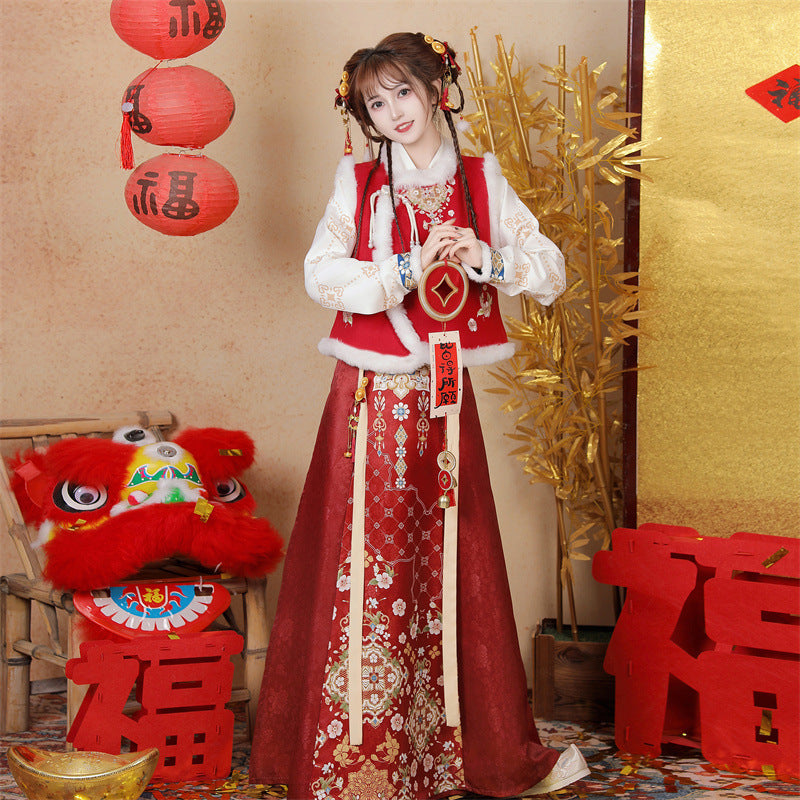 Chinese Lunar New Year Clothing Xiranchunshao禧染春梢 Women's  Traditional Thicken Velvet Hanfu Autumn Winter
