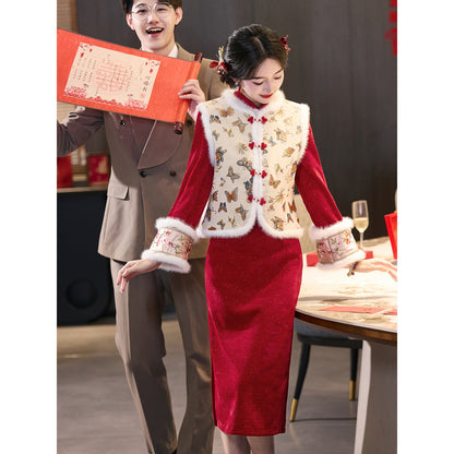 Wedding Qipao Chinese Clothes Qianhua 浅画 Women's Velvet Modern Gown Tea Ceremony Dress Hanfu Cheongsam