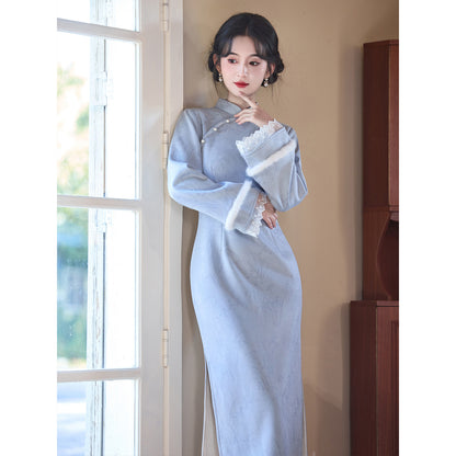 Women's Qipao Lanman 蓝蔓 Asian Dress Chinese Thicken Modern Hanfu Clothing Velvet Cheongsam