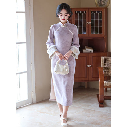 Women's Qipao Ziyan 紫颜 Asian Thicken Dress Chinese Modern Hanfu Clothing Velvet Cheongsam Winter