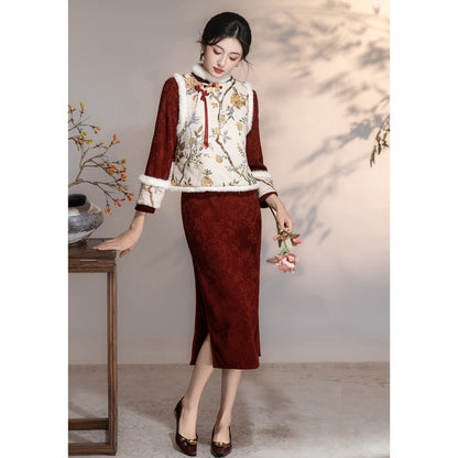 Women's Qipao Wenguiqi 问归期 Asian Thicken Dress Chinese Modern Hanfu Clothing Velvet Cheongsam Winter