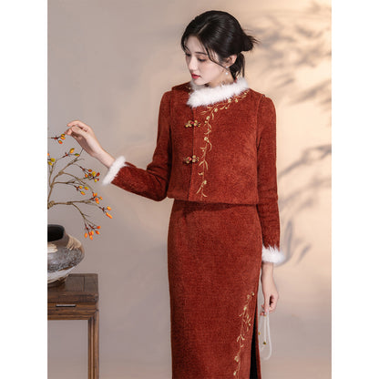 Women's Qipao Fengyin 风吟 Asian Thicken Dress Chinese Modern Hanfu Clothing Velvet Cheongsam Winter