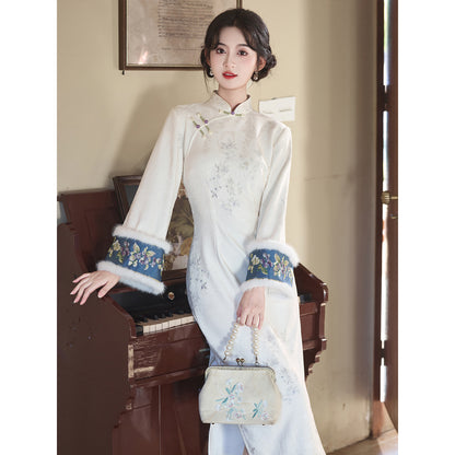 Women's Qipao Ruhua 入画 Asian Dress Chinese Modern Hanfu Clothing Velvet Cheongsam Winter