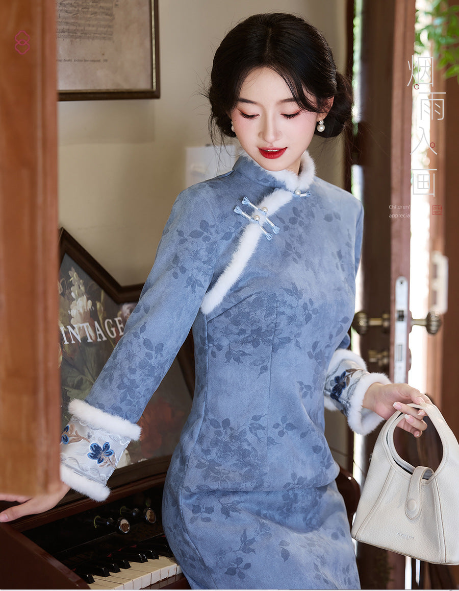 Women's Qipao Ruyu 如玉 Asian Thicken Dress Chinese Modern Hanfu Clothing Velvet Cheongsam Winter