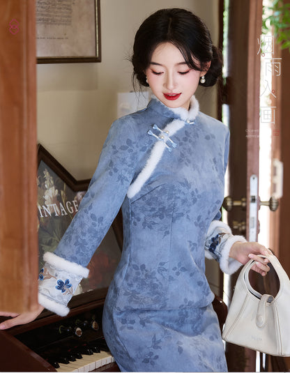 Women's Qipao Ruyu 如玉 Asian Thicken Dress Chinese Modern Hanfu Clothing Velvet Cheongsam Winter
