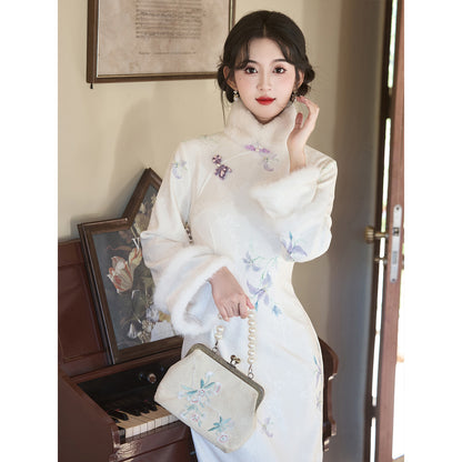 Women's Qipao Sangshangzi 桑上紫 Asian Thicken Dress Chinese Modern Hanfu Clothing Velvet Cheongsam Winter