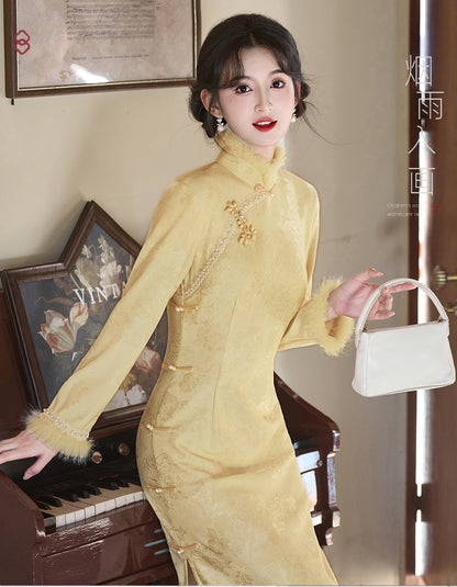 Women's Qipao Heshangting 荷上蜓 Asian Thicken Dress Chinese Modern Hanfu Clothing Velvet Cheongsam Winter