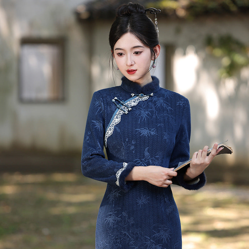 Women's Qipao Zhuniao 竹鸟 Asian Thicken Dress Chinese Modern Hanfu Clothing Velvet Cheongsam Winter