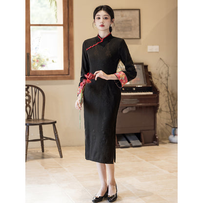 Women's Qipao Manyue 满月 Asian Dress Chinese Thicken Modern Hanfu Clothing Velvet Cheongsam Winter Autumn