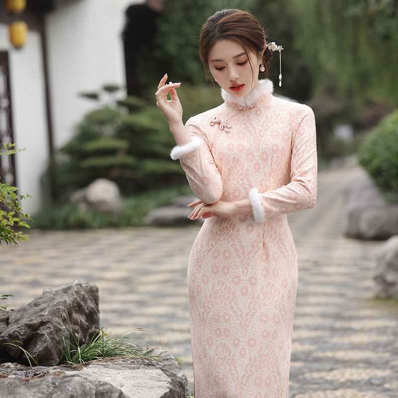 Chinese Modern Women's Qipao Dress  Furongchang 芙蓉裳 Clothing Traditional Cheongsam Winter Thicken Velvet