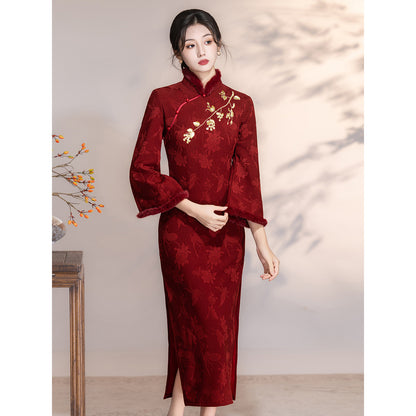 Women's Qipao Tianchangdijiu 天长地久 Asian Thicken Dress Chinese Modern Hanfu Clothing Velvet Cheongsam Winter