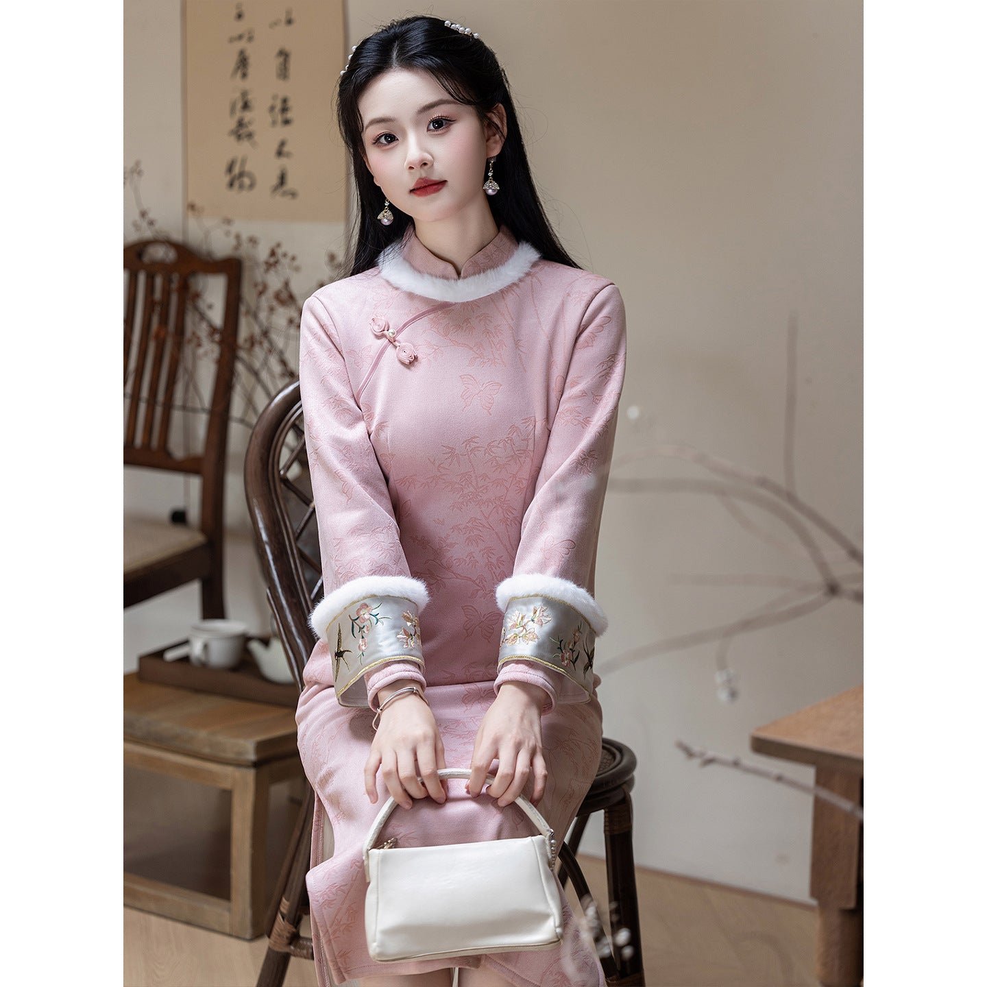 Women's Qipao Chayan 茶烟 Asian Thicken Dress Chinese Modern Hanfu Clothing Velvet Cheongsam Winter