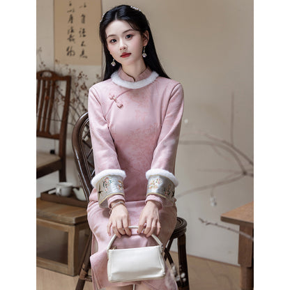 Women's Qipao Chayan 茶烟 Asian Thicken Dress Chinese Modern Hanfu Clothing Velvet Cheongsam Winter