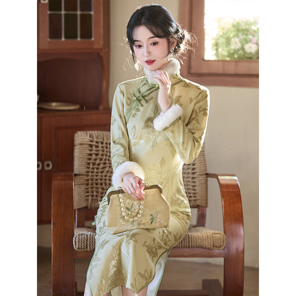 Women's Qipao Shuangbian 双边 Asian Thicken Dress Chinese Modern Hanfu Clothing Velvet Cheongsam Winter