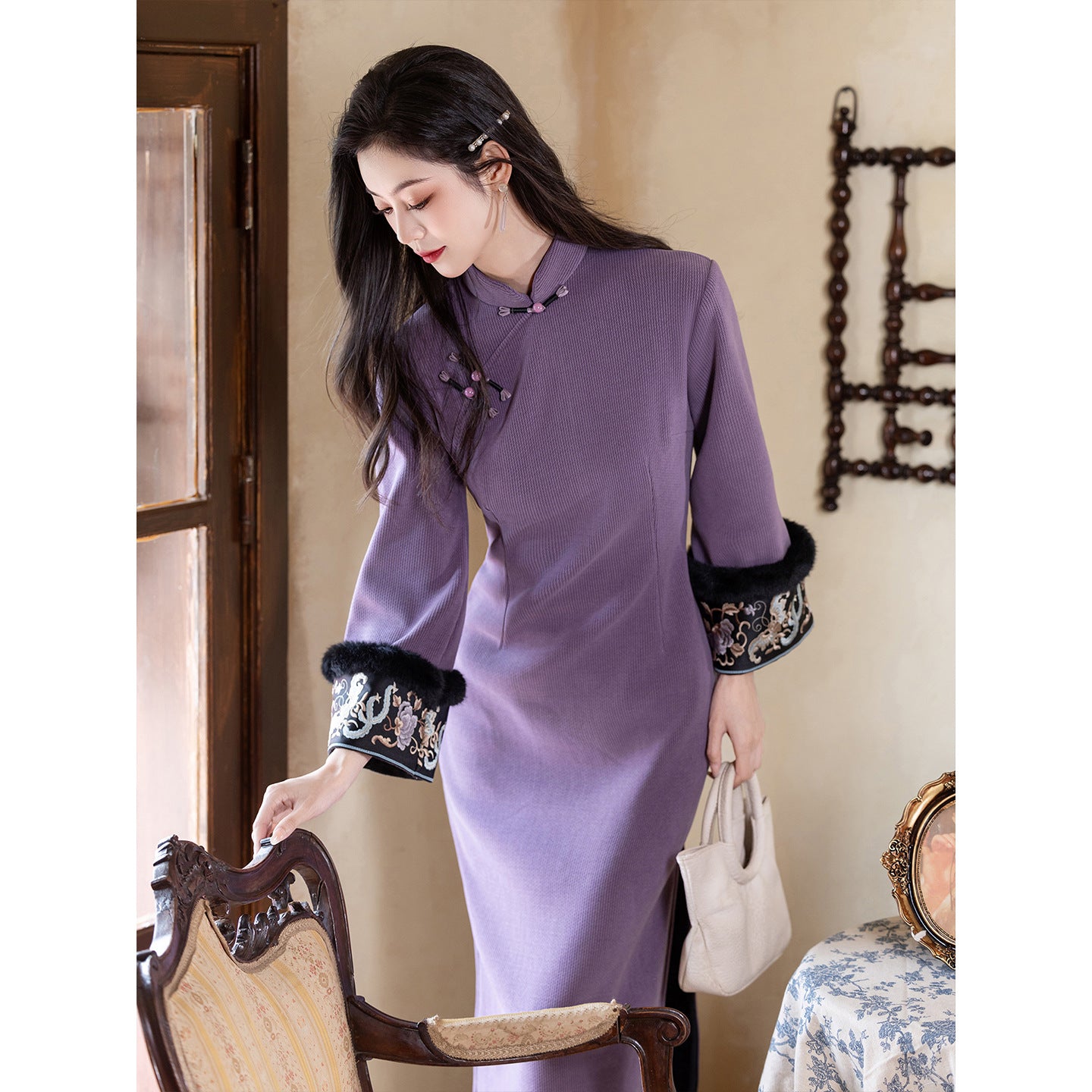Women's Qipao Shixu 时叙 Asian Thicken Dress Chinese Modern Hanfu Clothing Velvet Cheongsam Winter
