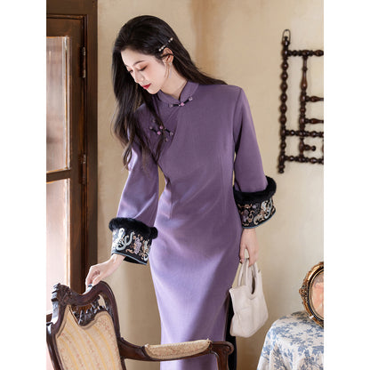 Women's Qipao Shixu 时叙 Asian Thicken Dress Chinese Modern Hanfu Clothing Velvet Cheongsam Winter