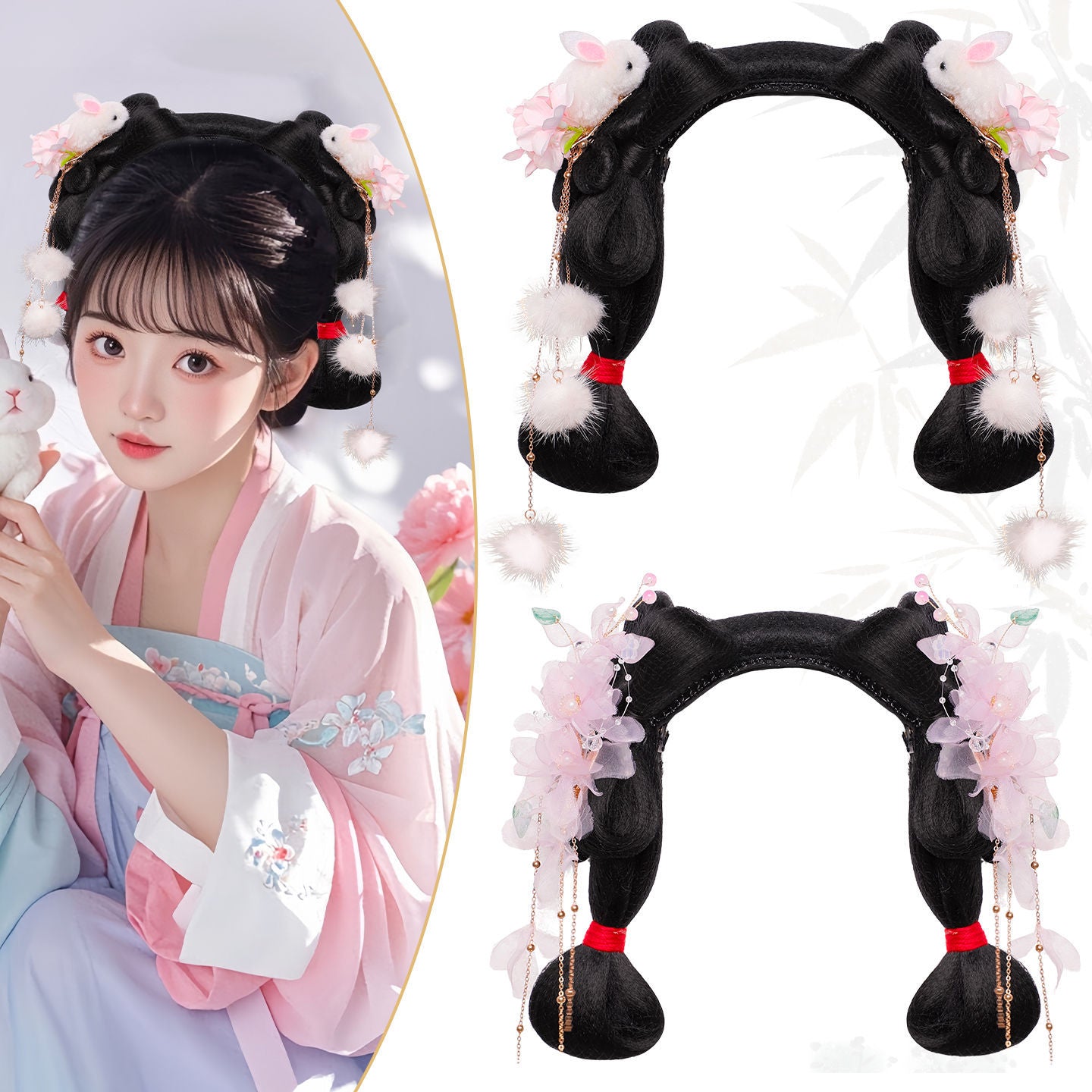 Traditional Chinese Hairstyle Wig Zanghua 葬花 Hanfu Historical Royal Hairpieces