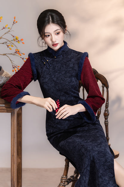 Women's Qipao Xiangsikou 相思扣 Asian Thicken Dress Chinese Modern Hanfu Clothing Velvet Cheongsam Winter