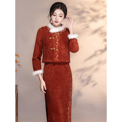 Women's Qipao Fengyin 风吟 Asian Thicken Dress Chinese Modern Hanfu Clothing Velvet Cheongsam Winter
