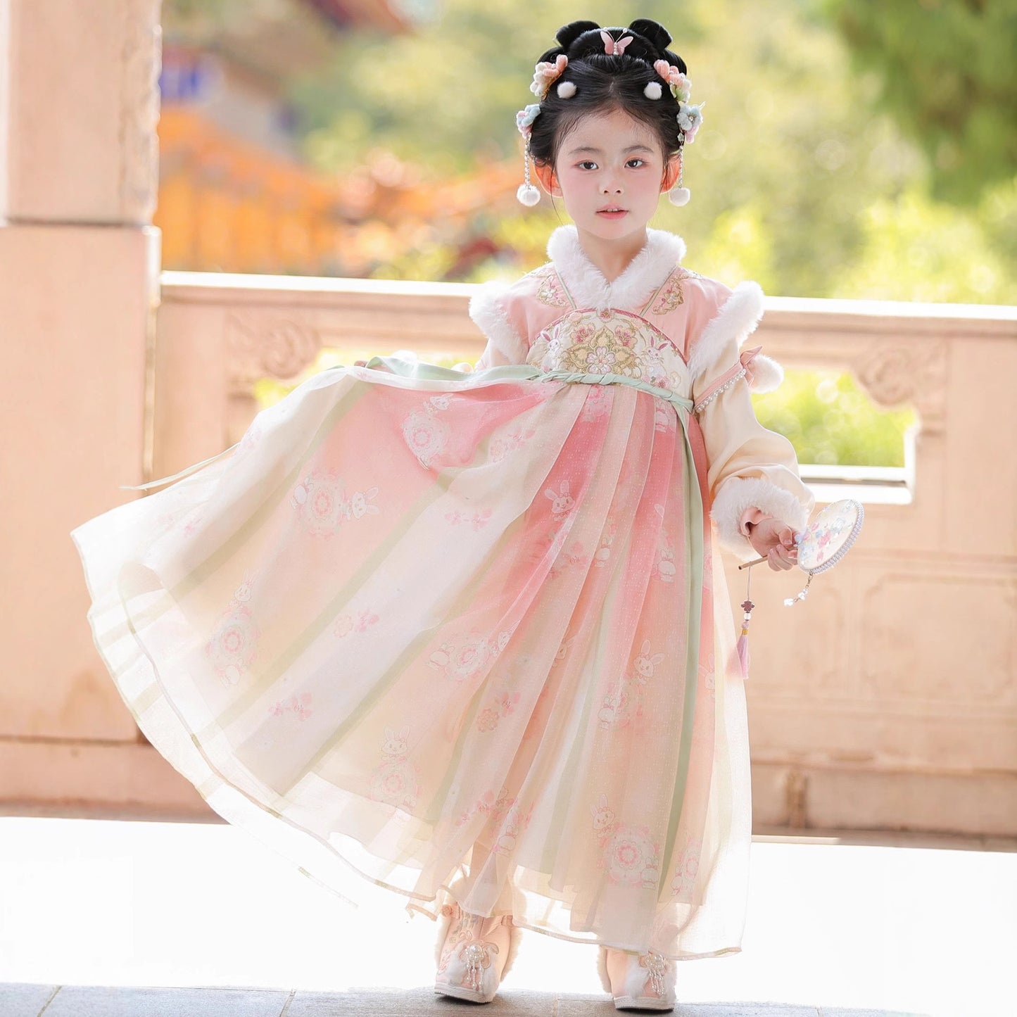 Tang Dynasty Girl Velvet Ruqun Huazhao 花朝 Children's Chinese Traditional Clothing Hanfu Suit