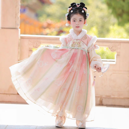 Tang Dynasty Girl Velvet Ruqun Huazhao 花朝 Children's Chinese Traditional Clothing Hanfu Suit