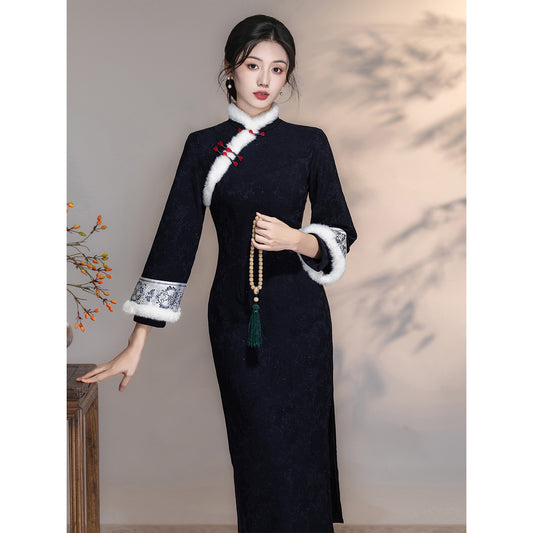 Women's Qipao Qinghua 青花 Asian Thicken Dress Chinese Modern Hanfu Clothing Velvet Cheongsam Winter