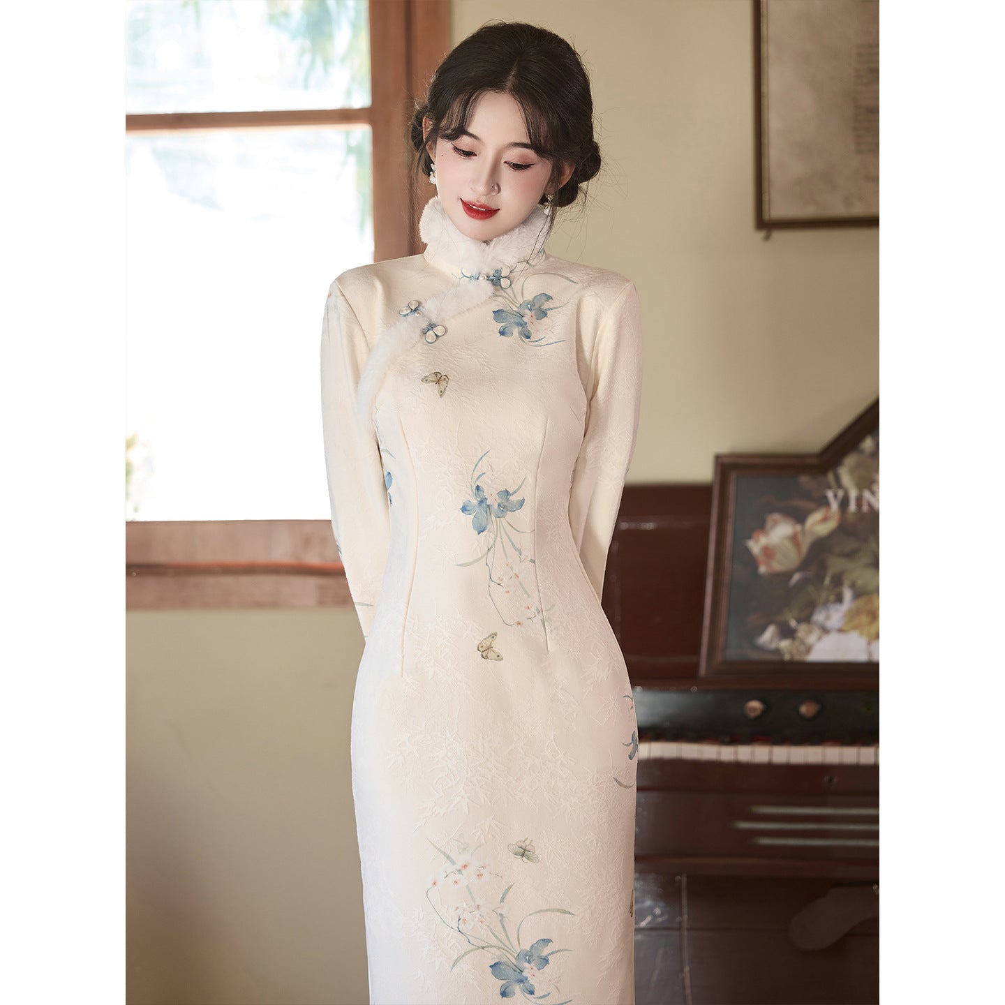 Women's Qipao Landiexue 蓝蝶雪 Asian Thicken Dress Chinese Modern Hanfu Clothing Velvet Cheongsam Winter