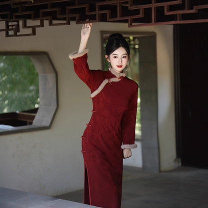 Women's Qipao Cijiu 辞旧 Asian Thicken Dress Chinese Modern Hanfu Clothing Velvet Cheongsam Winter