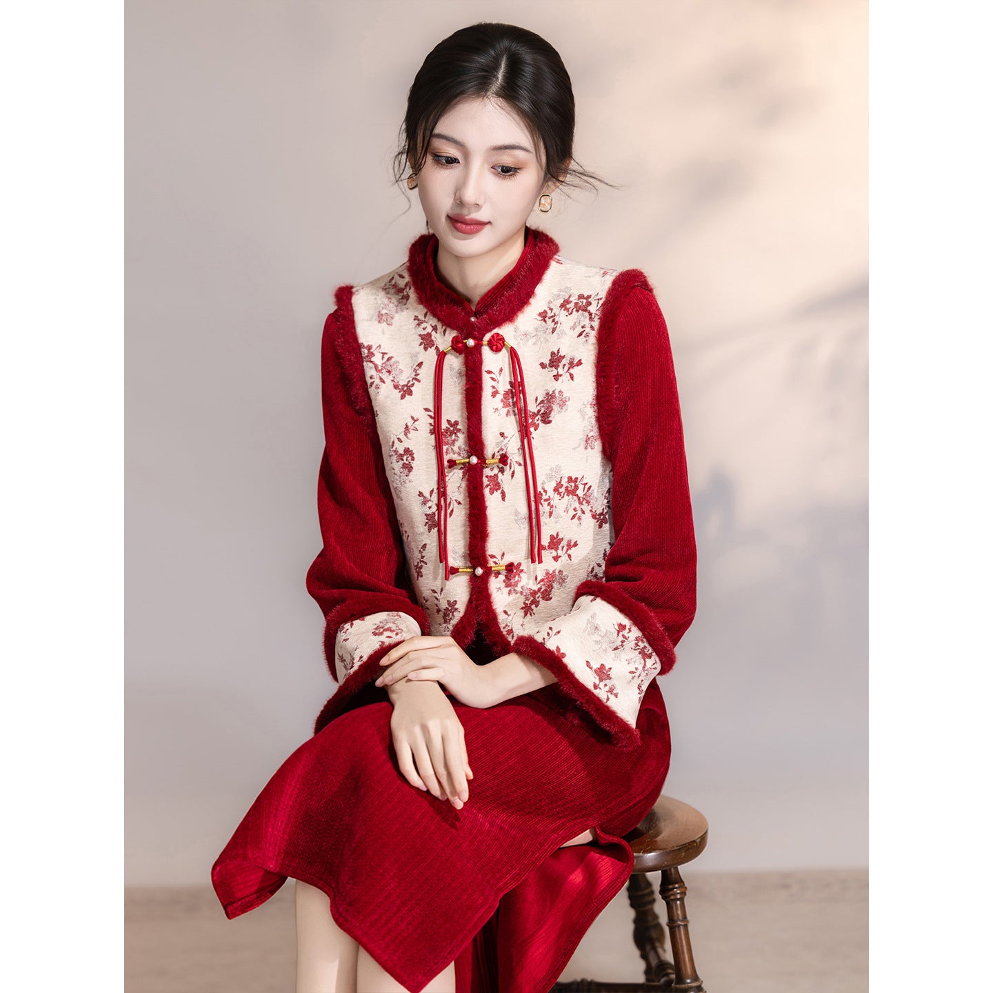 Women's Qipao Wangyue 望月 Asian Thicken Dress Chinese Modern Hanfu Clothing Velvet Cheongsam Winter