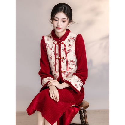 Women's Qipao Wangyue 望月 Asian Thicken Dress Chinese Modern Hanfu Clothing Velvet Cheongsam Winter
