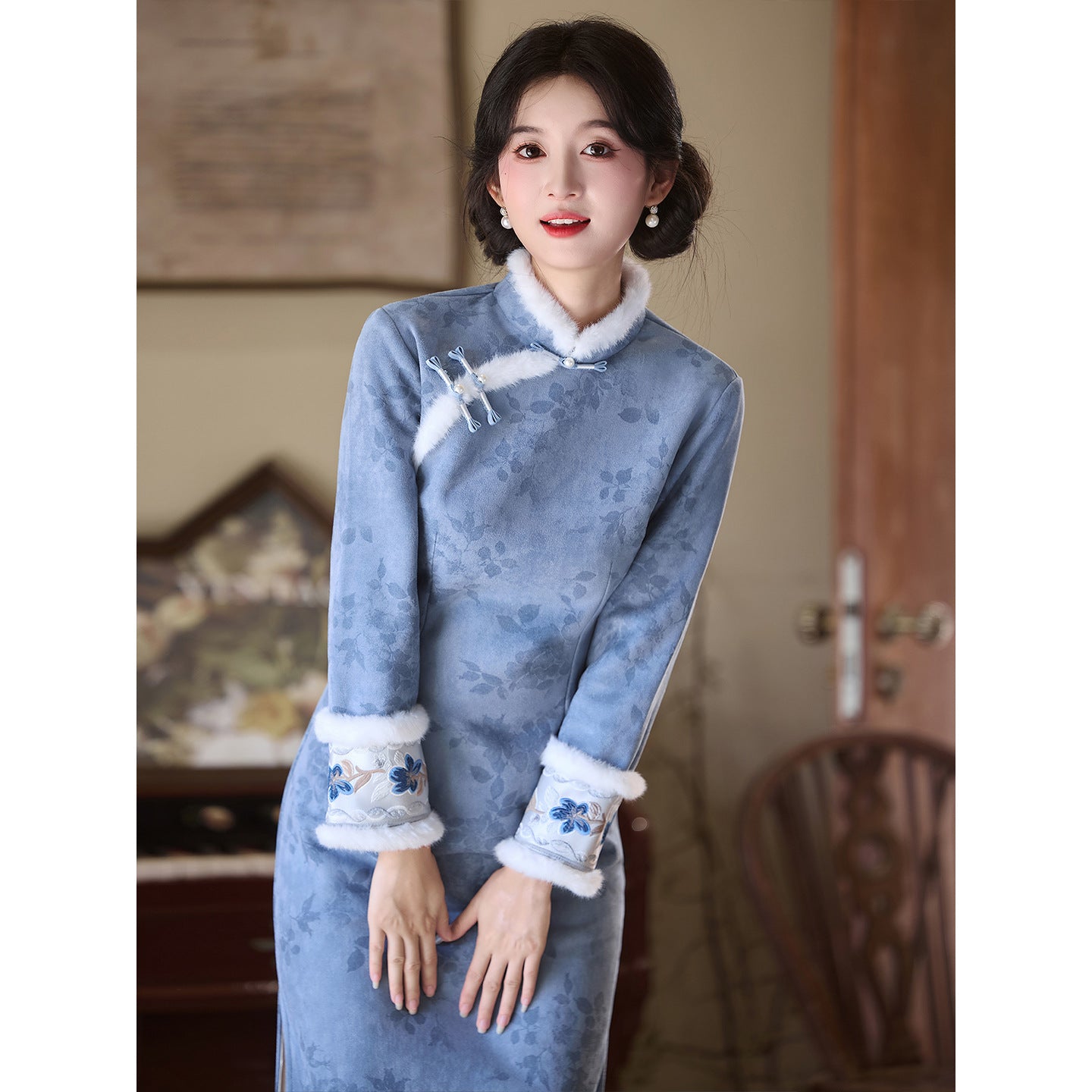 Women's Qipao Ruyu 如玉 Asian Thicken Dress Chinese Modern Hanfu Clothing Velvet Cheongsam Winter