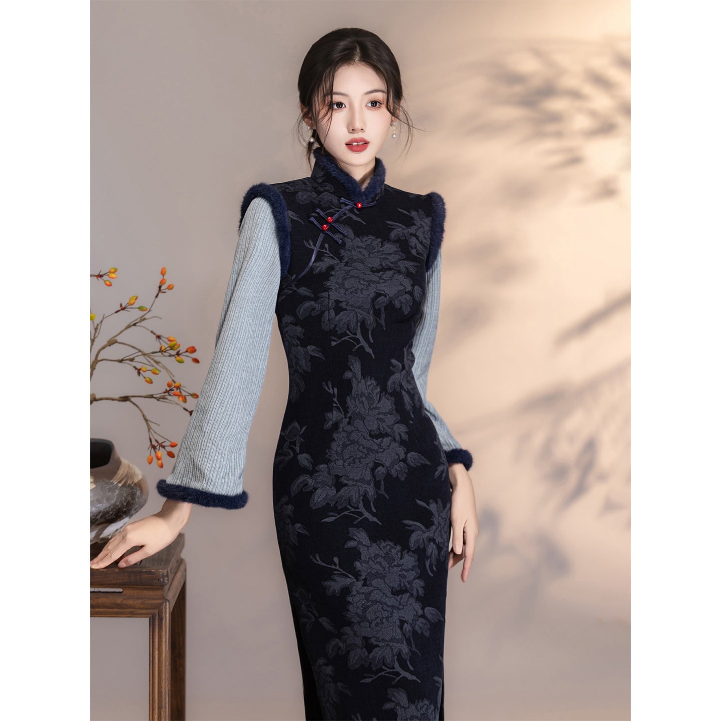 Women's Qipao Yuanwen 愿闻 Asian Thicken Dress Chinese Modern Hanfu Clothing Velvet Cheongsam Winter