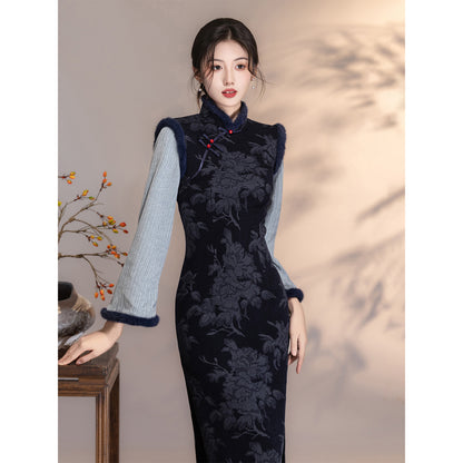 Women's Qipao Yuanwen 愿闻 Asian Thicken Dress Chinese Modern Hanfu Clothing Velvet Cheongsam Winter
