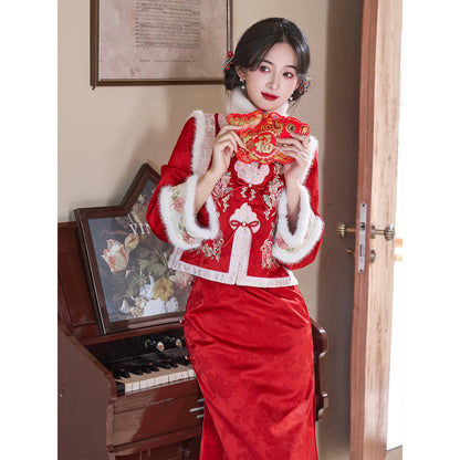 Women's Qipao Xinianle 喜年乐 Asian Dress Chinese Thicken Modern Hanfu Clothing Velvet Cheongsam Winter Autumn