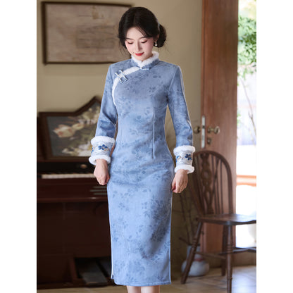 Women's Qipao Ruyu 如玉 Asian Thicken Dress Chinese Modern Hanfu Clothing Velvet Cheongsam Winter