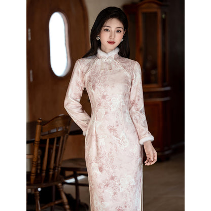Women's Qipao Huadie 化蝶 Asian Thicken Dress Chinese Modern Hanfu Clothing Velvet Cheongsam Winter