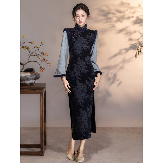 Women's Qipao Yuanwen 愿闻 Asian Thicken Dress Chinese Modern Hanfu Clothing Velvet Cheongsam Winter