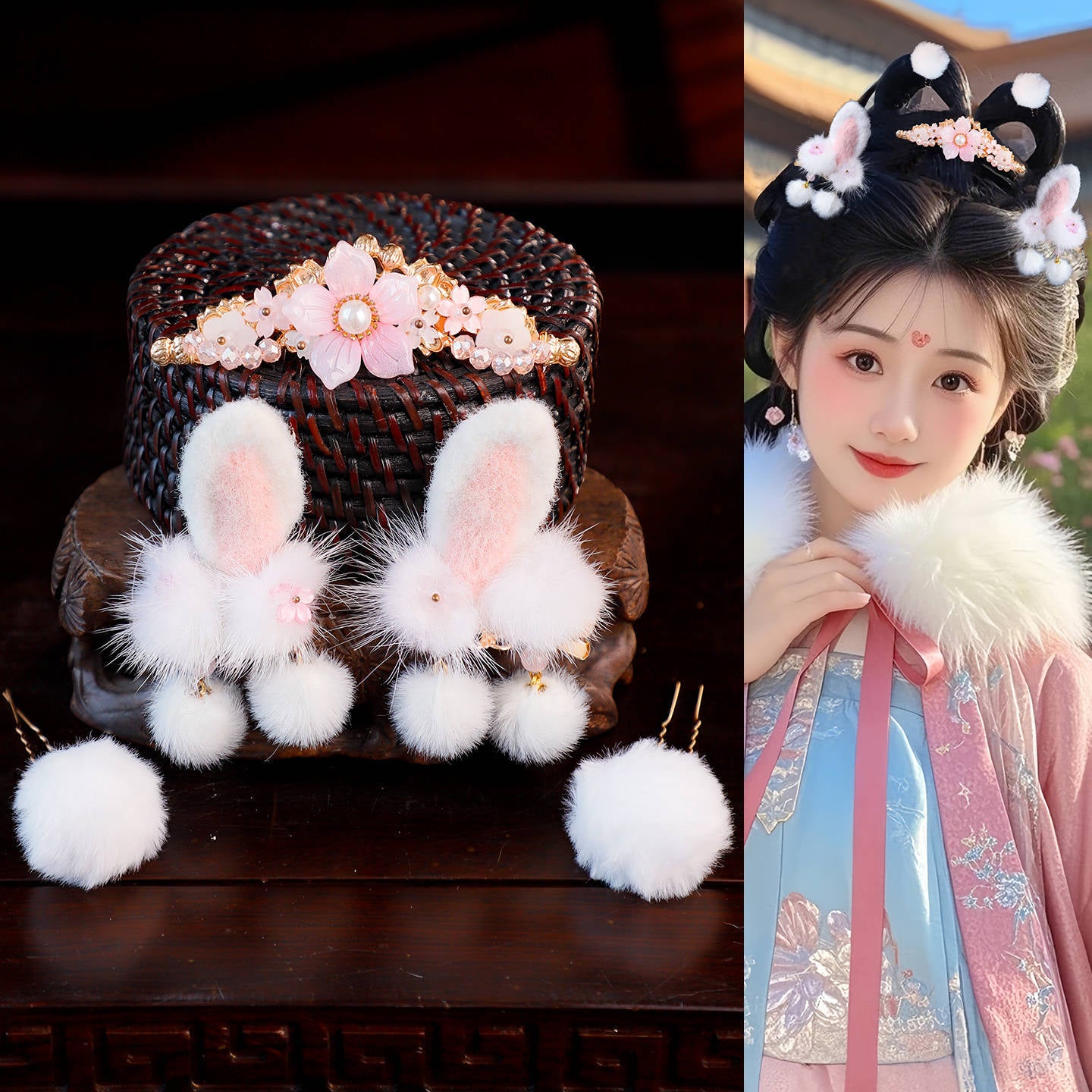 Traditional Chinese Hair jewelry Fenertu 粉耳兔 Hanfu Historical Headgear