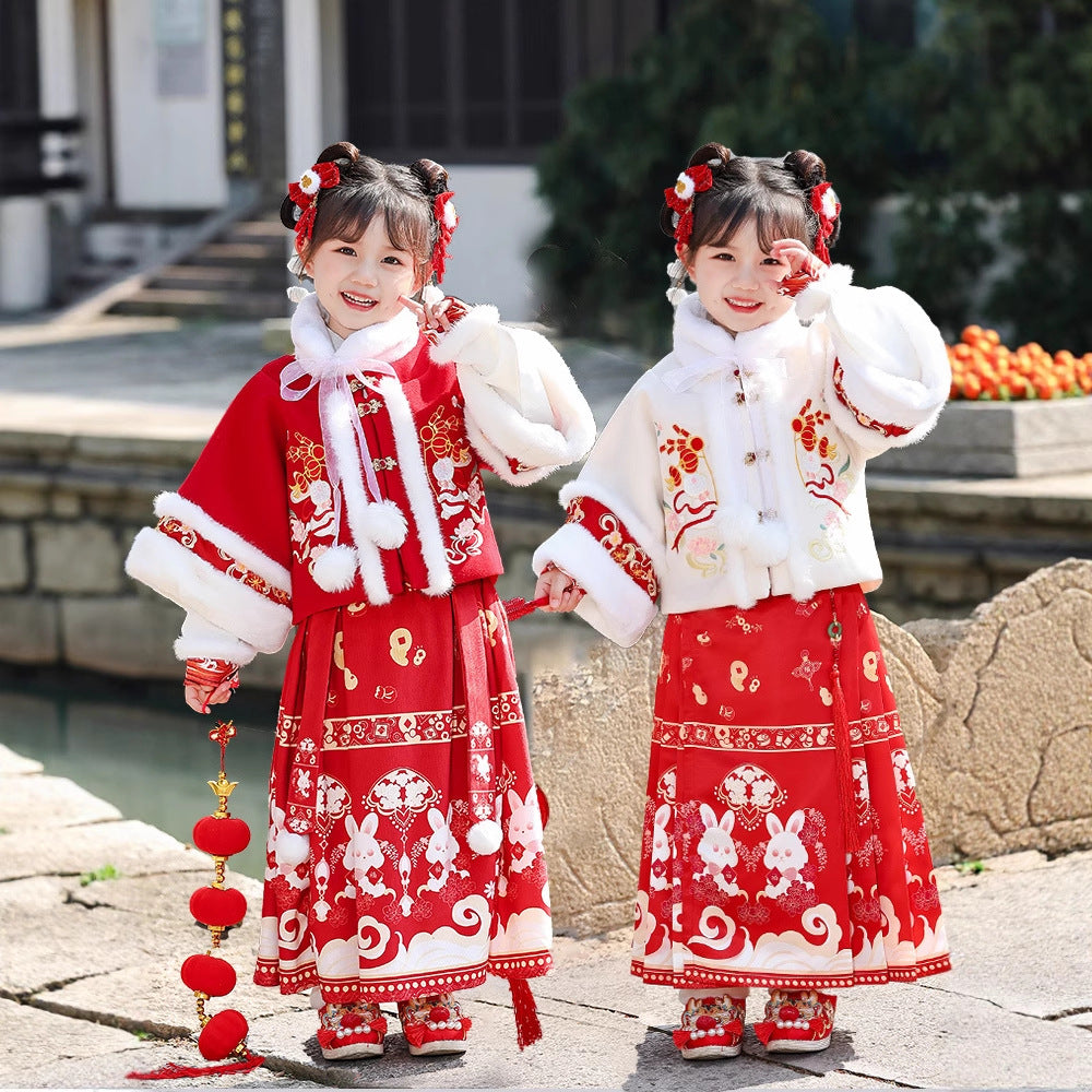Children's Traditional Clothing Yutu 玉兔 Chinese Lunar New Year Velvet Hanfu Suit
