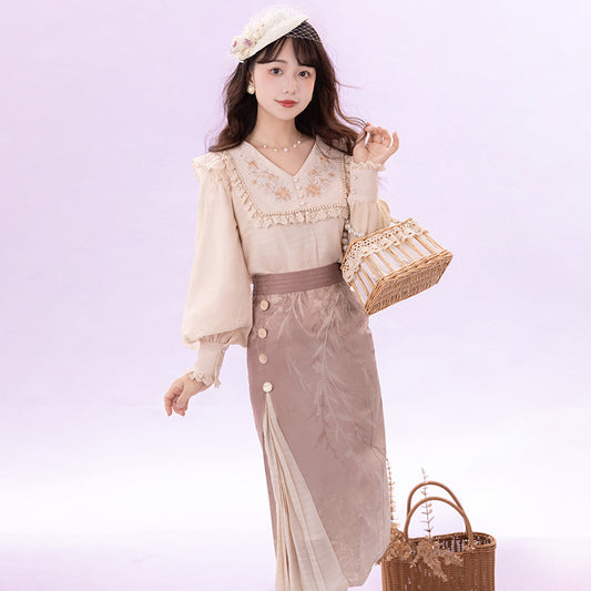 New Chinese Style Women's Clothing Zhu 竹 Pink Skirt Modern Hanfu Suit Spring Autumn
