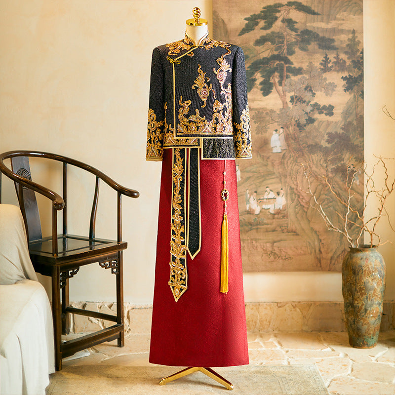 Men's Chinese Wedding Clothing Long Sleeves Long 龙 Male Attire