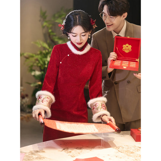 Wedding Qipao Chinese Clothes Qianhua 浅画 Women's Velvet Modern Gown Tea Ceremony Dress Hanfu Cheongsam